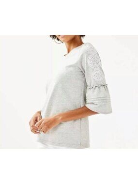 Lilly Pulitzer Womens Sz XL Gray Bell Sleeve Top With Lace Accents Cotton Blend